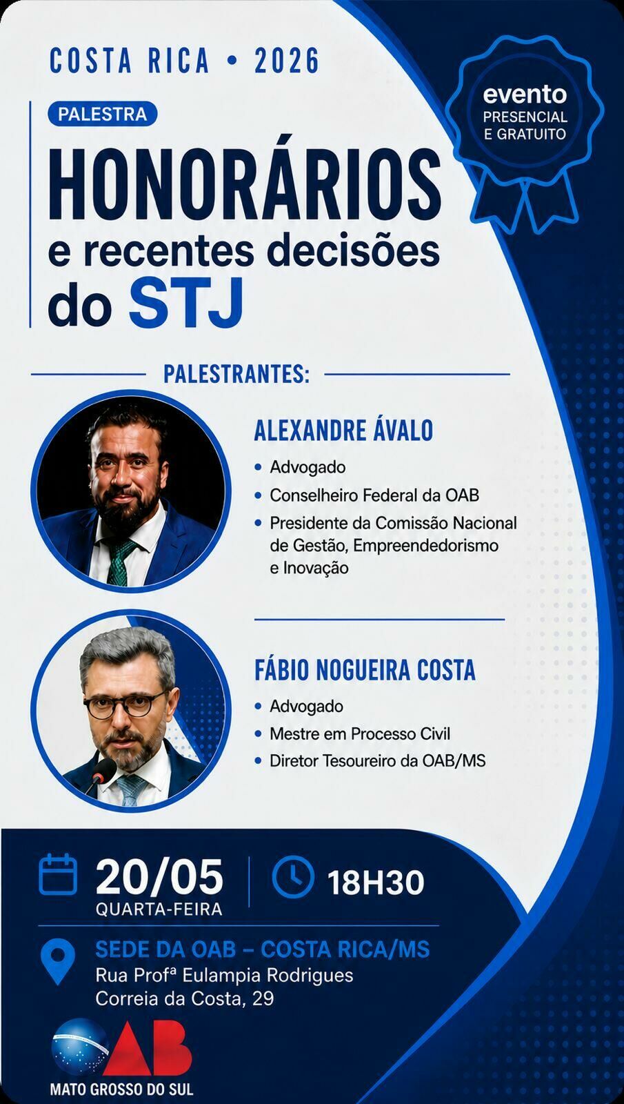 Imagem de compartilhamento para o artigo OAB de Costa Rica promove palestra gratuita sobre honorários e decisões recentes do STJ da MS Todo dia